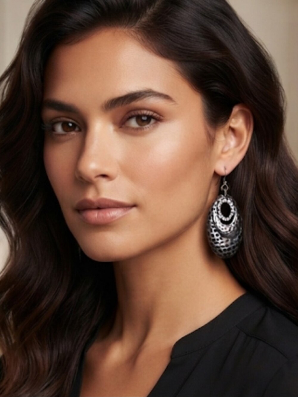 Hammered Metal Oval Drop Earrings With Crystal Embellished Center Oval Bohochic